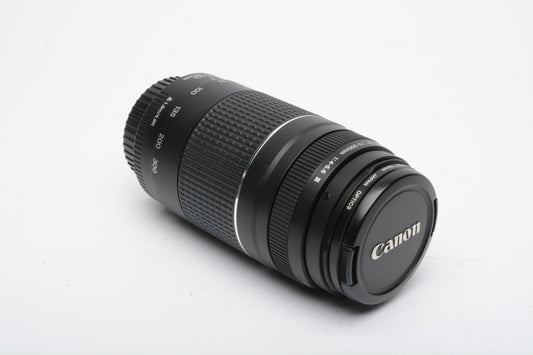 Canon EF 75-300mm f4-5.6 III Telephoto zoom lens, caps, tested, +UV