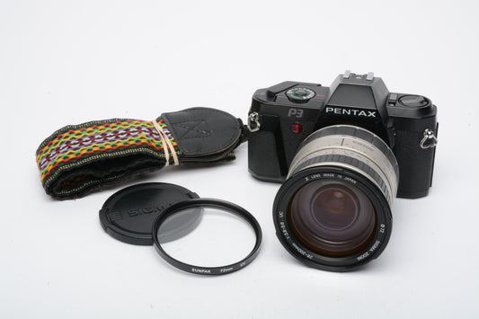 Pentax P3 35mm SLR camera w/Sigma 28-200mm zoom lens, tested, great bundle!