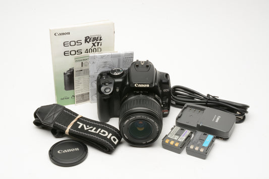 Canon Rebel XTi Black DSLR w/18-55mm f3.5-5.6 II, 2X batts, charger, manual