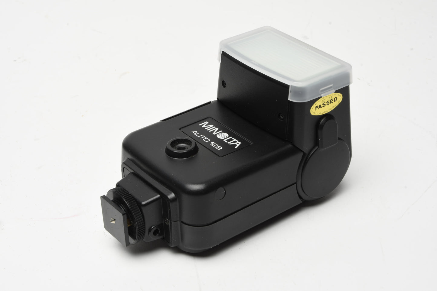 Minolta Auto 128 electronic flash w/ case, manual, diffuser, sync, tested, nice!