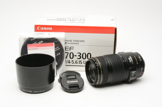 Canon EF 70-300mm f4-5.6 IS USM zoom lens, caps, hood, box, Mint-