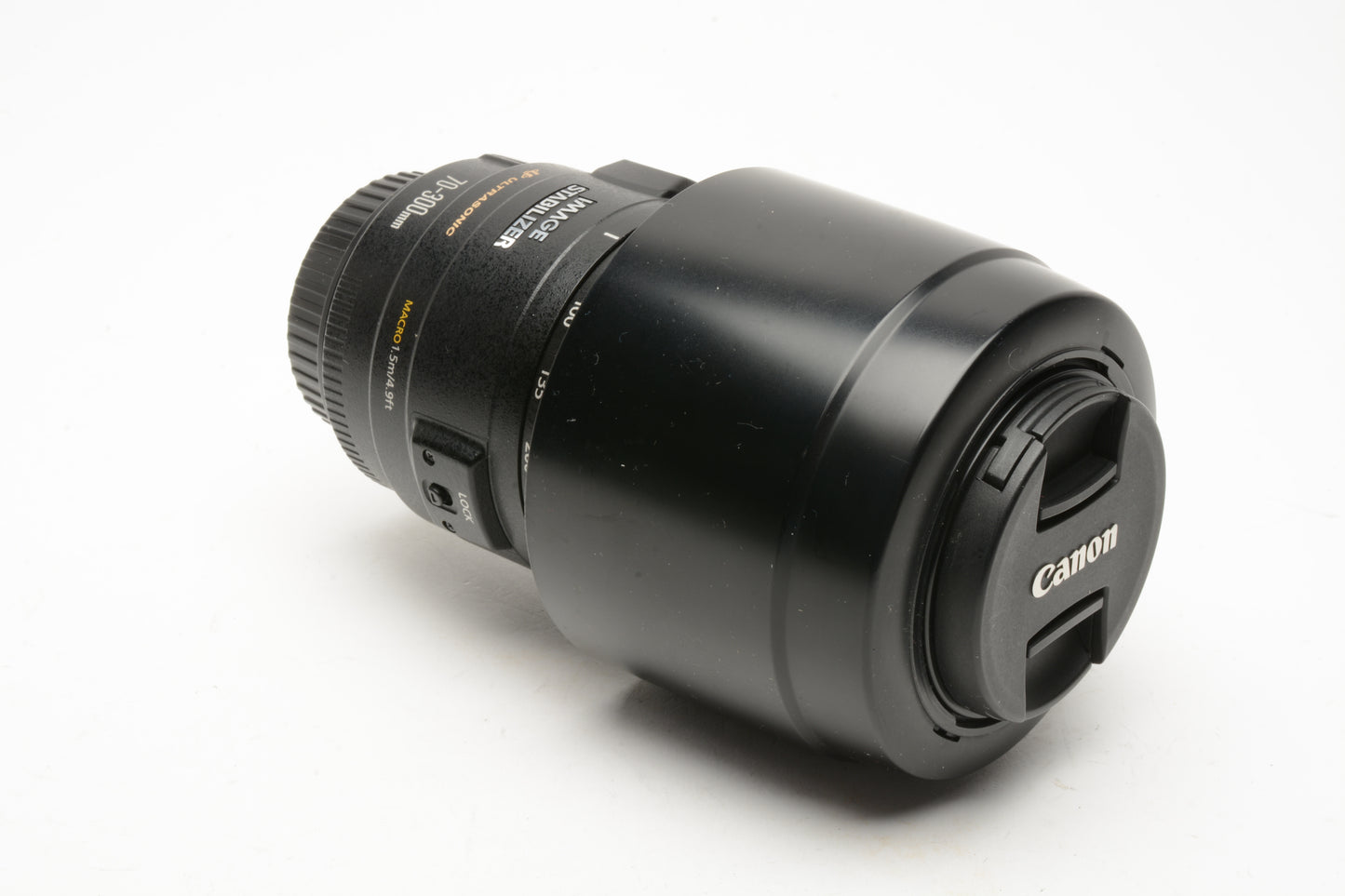 Canon EF 70-300mm f4-5.6 IS USM zoom lens, caps, hood, box, Mint-