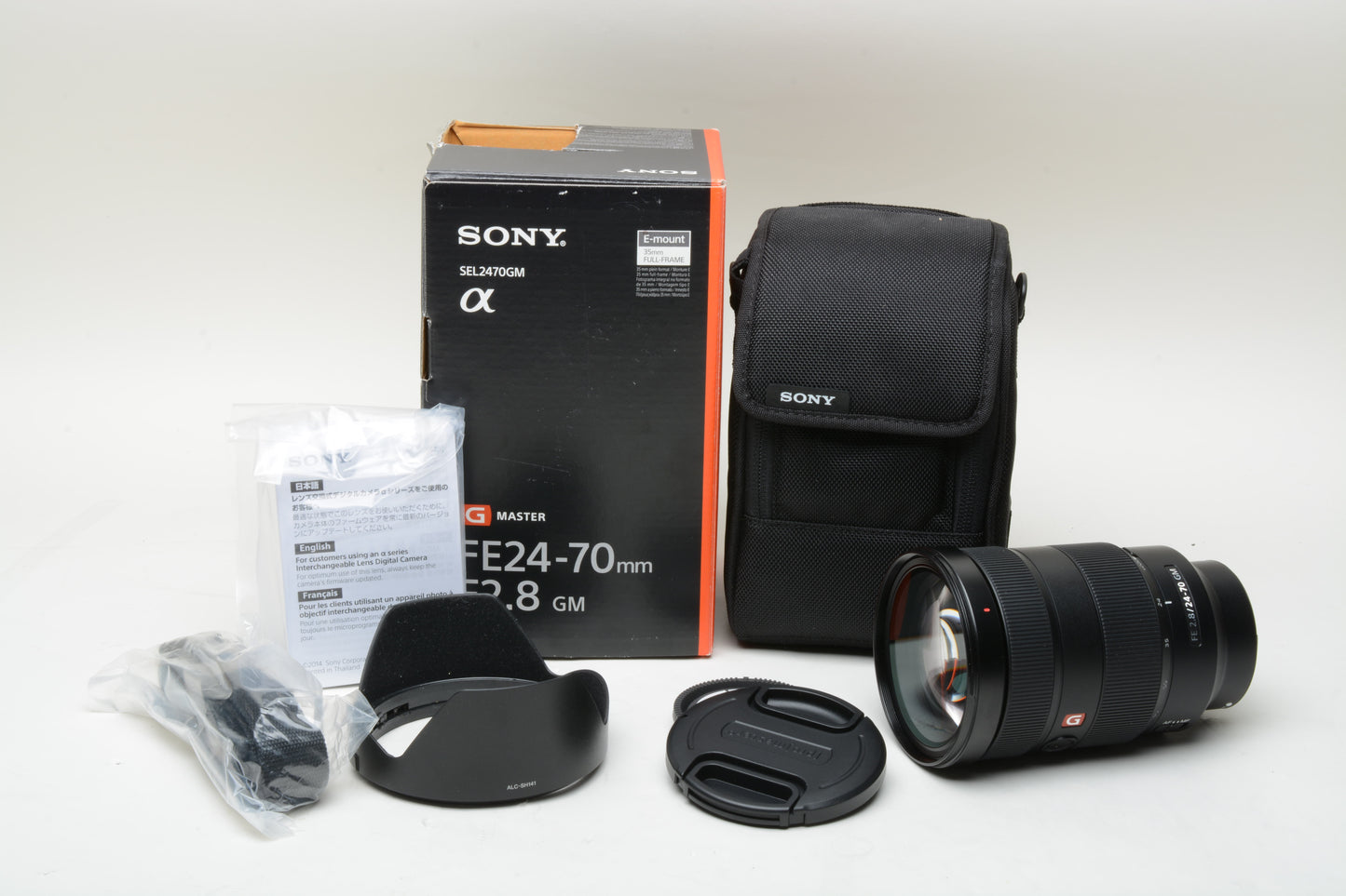 Sony FE 24-70mm f2.8 GM lens, case, hood, caps + strap, clean, sharp, boxed, Mint-