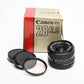 Canon FD 28mm f2.8 wide angle lens, caps, 1A, Mint-, Box