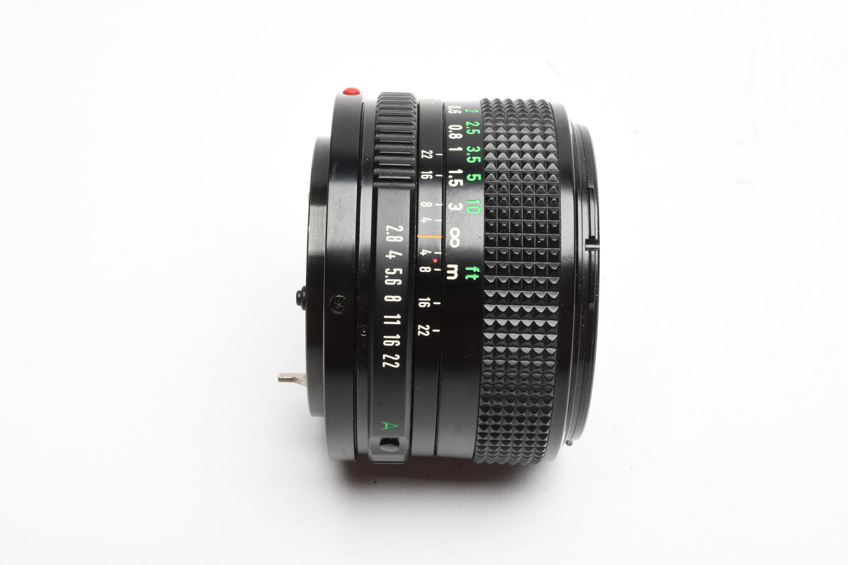 Canon FD 28mm f2.8 wide angle lens, caps, 1A, Mint-, Box