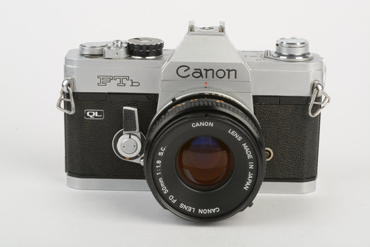Canon FTb QL 35mm SLR w/50mm f1.8 S.C. lens, UV, New seals, Nice! +case!