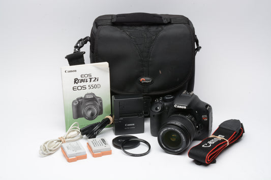 Canon Rebel T2i DSLR w/EF-S 18-55mm f3.5-5.6 IS, 2batts, Shoulder bag, 2482 Acts!