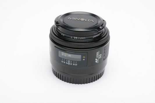 Minolta Maxxum AF 50mm f1.7 prime lens, caps + UV, Sony A-mount