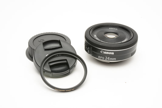 Canon EFS 24mm F2.8 STM Pancake macro lens, w/Caps + HGX UV filter