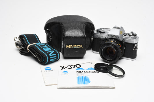 Minolta X370 35mm SLR w/50mm f1.7 Prime, case, strap, tested, Nice