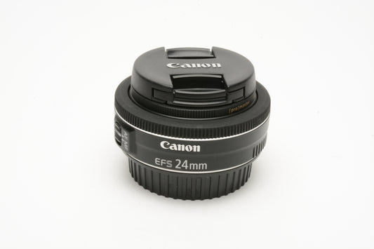Canon EFS 24mm F2.8 STM Pancake macro lens, w/Caps + HGX UV filter