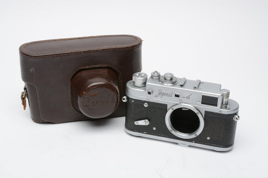 Zorki-4 35mm Rangefinder Camera body only w/Case, Works!  Clean condition, Vintage