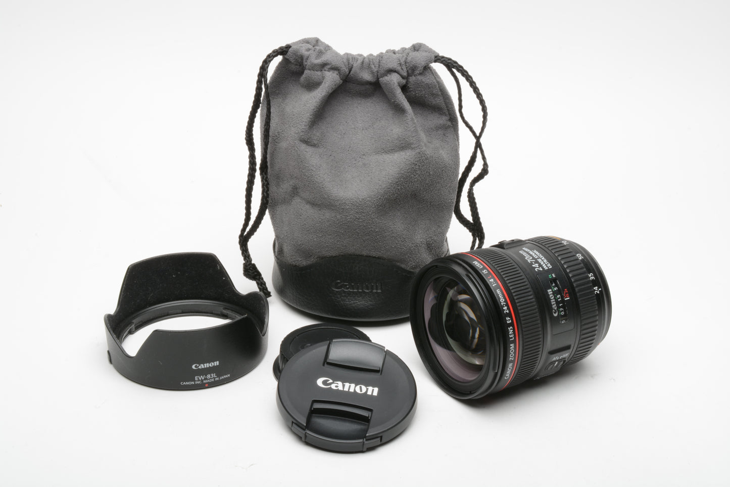 Canon EF 24-70mm f4L IS USM zoom lens, Caps, hood, pouch, USA, Clean