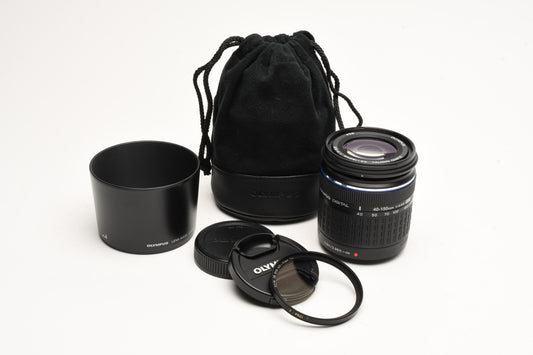 Olympus 40-150mm f4-5.6 ED Zuiko Digital 4/3 Mount, B+W UV, Pouch, Hood, Caps