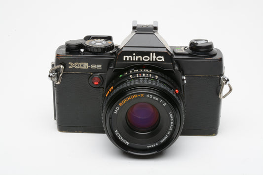Minolta XG-SE 35mm SLR camera w/45mm f2 lens, sky, new seals, tested