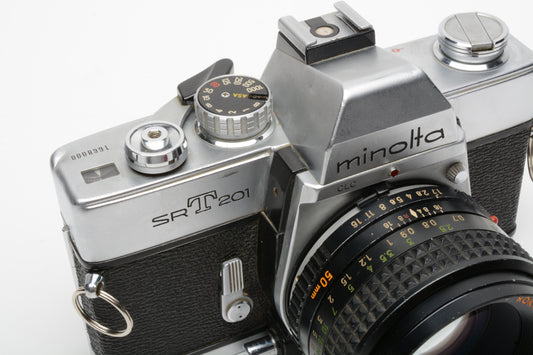Minolta SRT-201 35mm SLR w/Rokkor-X 50mm f1.7 PF lens, new seals, tested, good