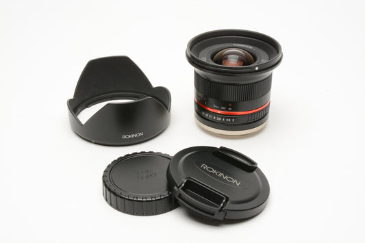Rokinon 12mm F2 NCS CS E Lens for Sony E-Mount w/Caps, Hood, Mint-