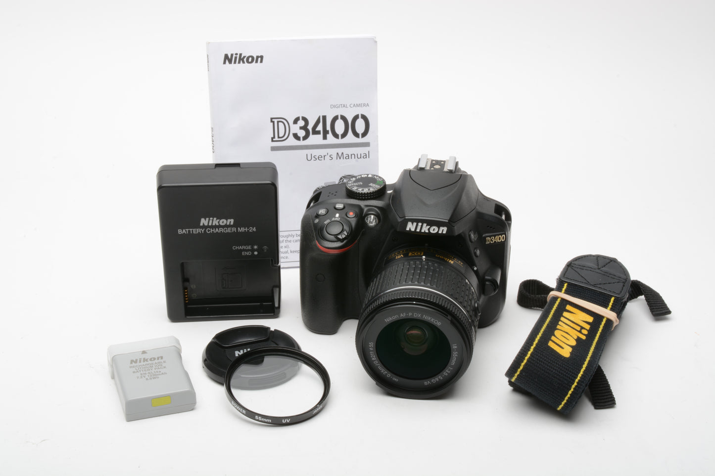 Nikon D3400 DSLR w/AF-P 18-55mm f3.5-5.6 Lens, batt, charger++, Only 5249 Acts!