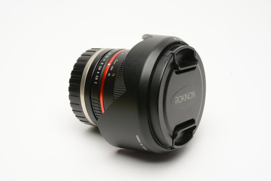 Rokinon 12mm F2 NCS CS E Lens for Sony E-Mount w/Caps, Hood, Mint-