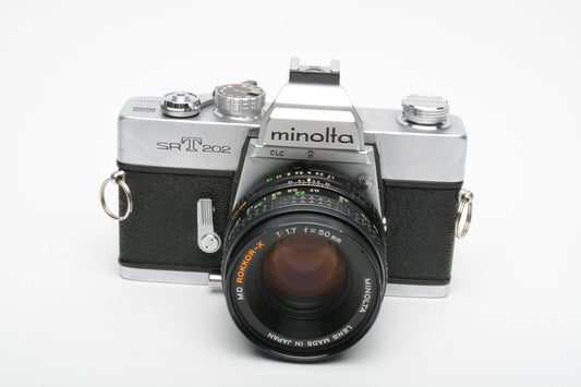 Minolta SRT-202 35mm SLR w/Rokkor-X 50mm f1.7 lens, new seals, tested, good