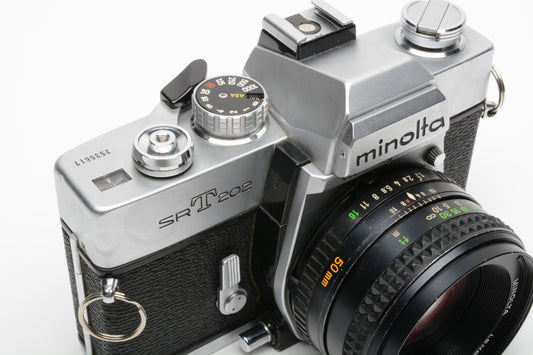 Minolta SRT-202 35mm SLR w/Rokkor-X 50mm f1.7 lens, new seals, tested, good