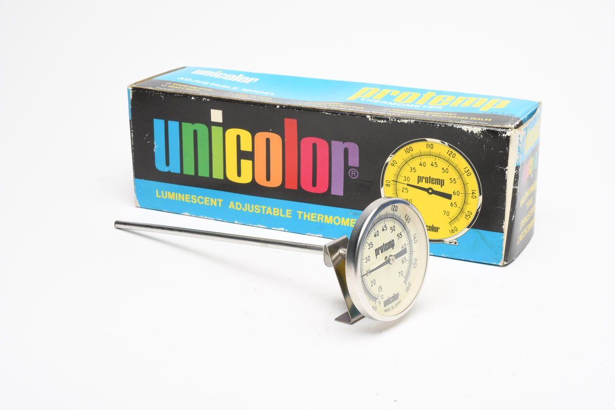 2.5" Unicolor ProTemp Dial thermometer w/8" post + tray clip