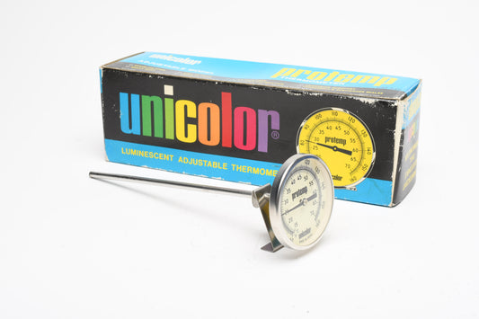 2.5" Unicolor ProTemp Dial thermometer w/8" post + tray clip
