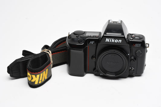 Nikon N8008 35mm SLR Body, cap, strap, tested, Good!