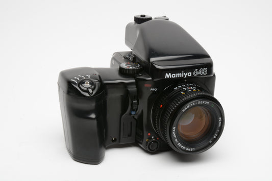 Mamiya 645 Pro w/80mm f2.8N lens, AE prism, 120 back, Grip, cap, nice!