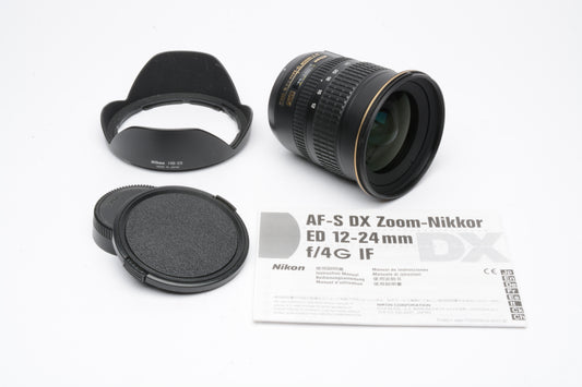 Nikon AF-S Nikkor 12-24mm F4G ED SWM Lens, hood, caps, manual, very clean