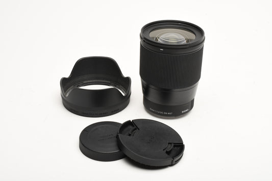 Sigma 16mm f1.4 DC DN Contemporary Lens for Sony E-Mount, Caps + Hood, Great!
