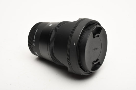 Sigma 16mm f1.4 DC DN Contemporary Lens for Sony E-Mount, Caps + Hood, Great!