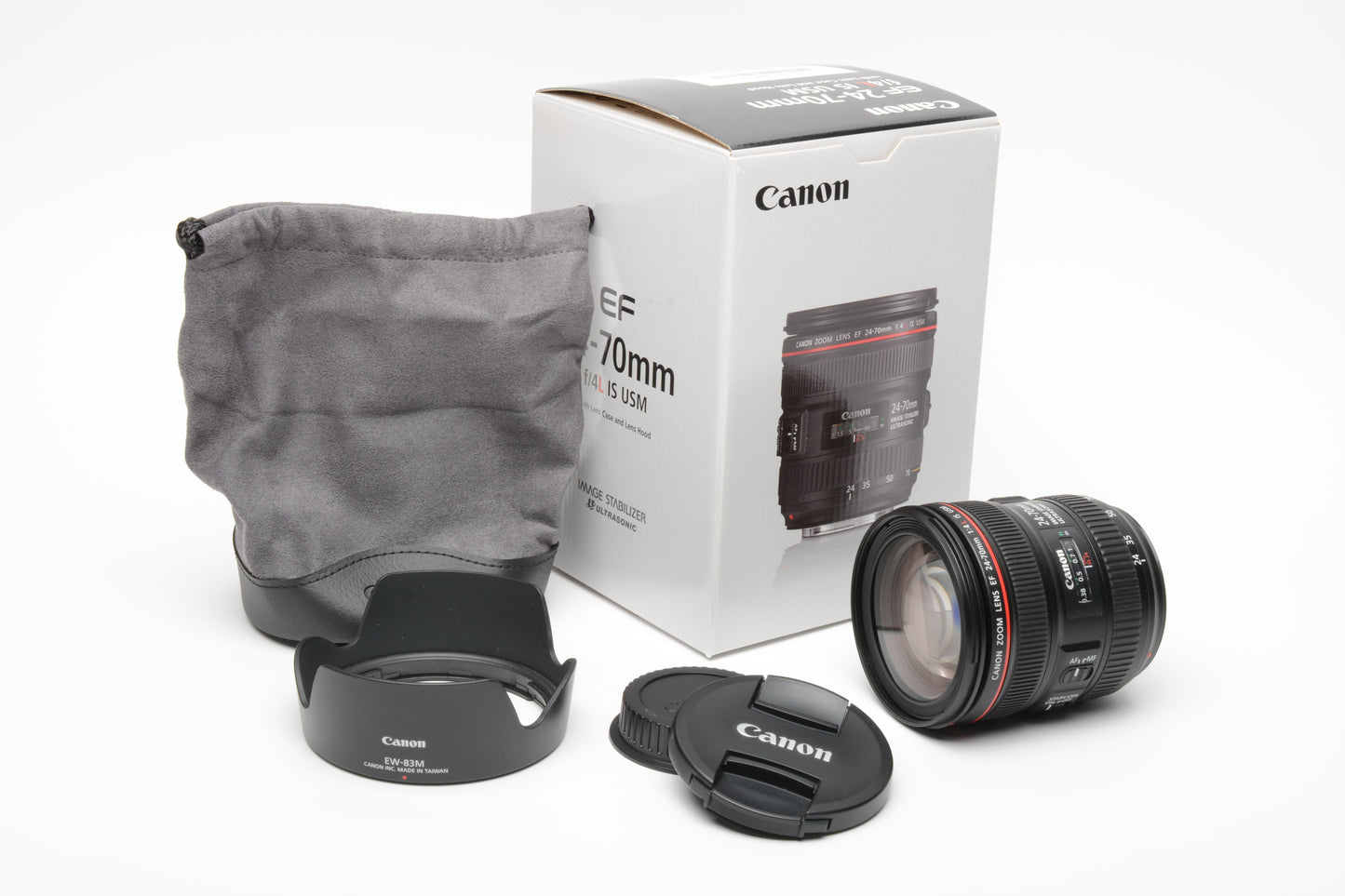 Canon EF 24-70mm f4L IS USM zoom lens, Caps, hood, pouch, boxed, USA, Mint