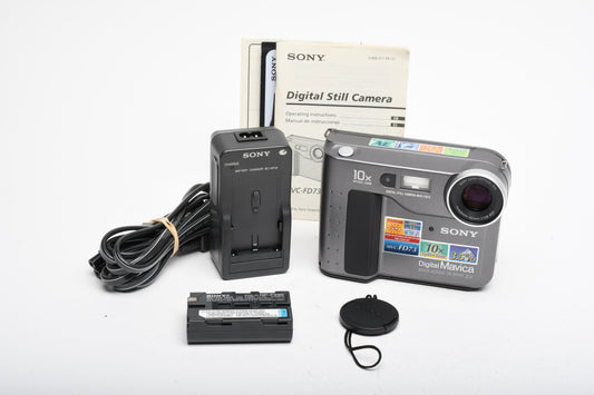 Sony MVC-FD73 w/batt, charger, cap, manual, tested, great!