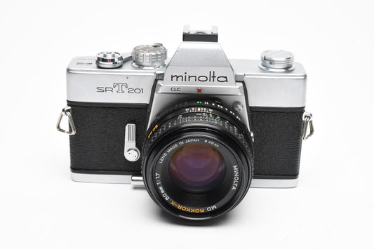Minolta SRT-201 35mm SLR w/Rokkor-X 50mm f1.7 lens, new seals, tested, +Manual