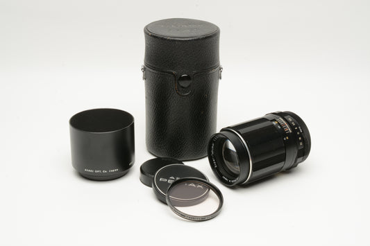 Pentax Super Takumar 135mm f3.5 M42 Mount lens, case, hood, caps, Mint