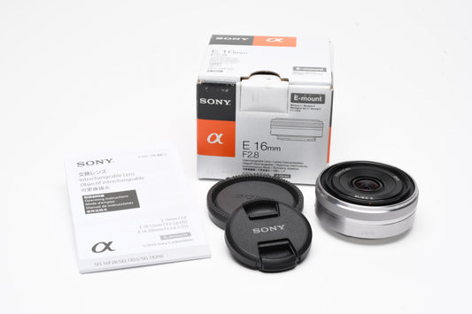 Sony 16mm f2.8 SEL16F28 wide angle E-mount lens, caps, boxed, Mint