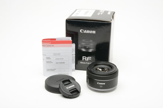 Canon RF 50mm f1.8 STM lens, caps, boxed, Open Box, USA Mint