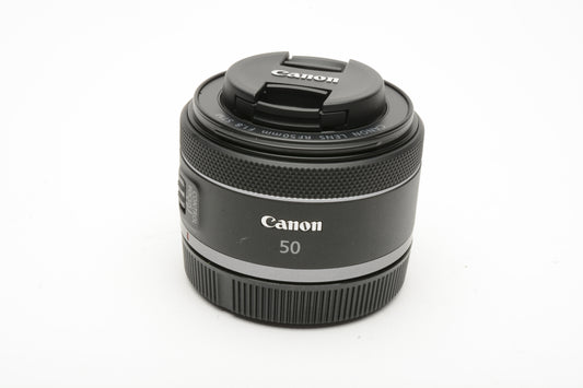Canon RF 50mm f1.8 STM lens, caps, boxed, Open Box, USA Mint