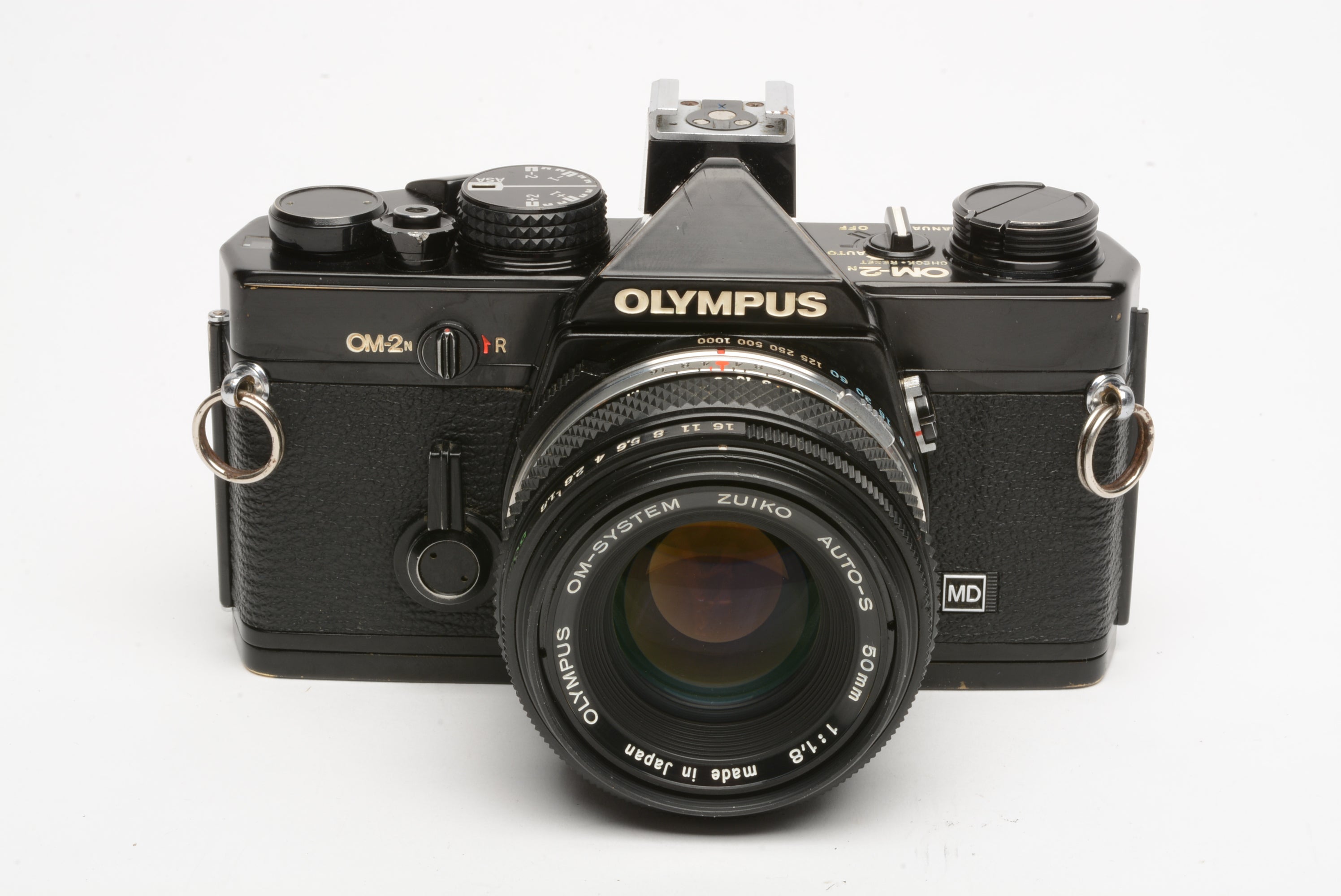 Olympus OM-2N 35mm SLR Black w/Zuiko 50mm f1.8 lens, strap, UV