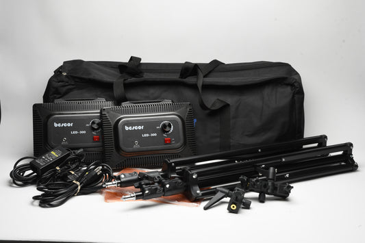 2X Bescor LED-300 Light Kit, Stands, Case, Nice!