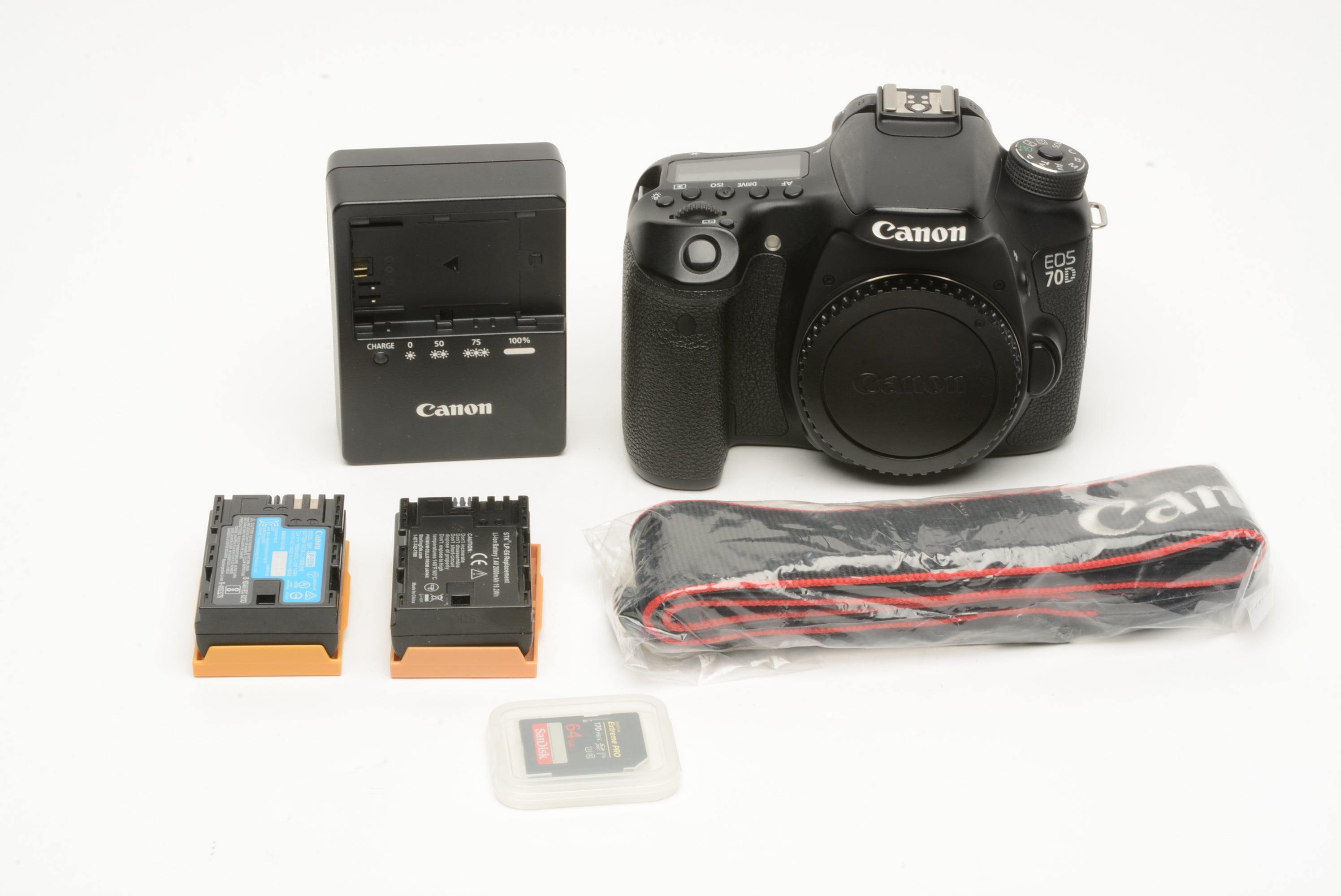 Canon EOS 70D DSLR Body w/2batts, charger, strap, 64Gb CF card