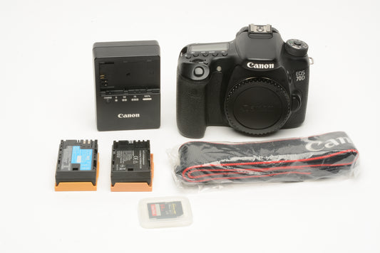 Canon EOS 70D DSLR Body w/2batts, charger, strap, 64GB SD card, Only 24K Acts, nice!