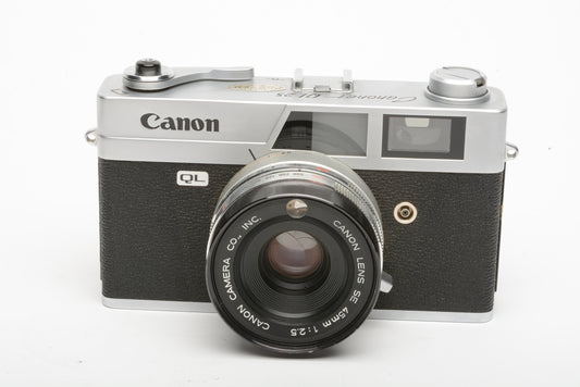 Canon QL-25 rangefinder camera w/45mm f2.5 SE lens, New light seals, case, strap, tested