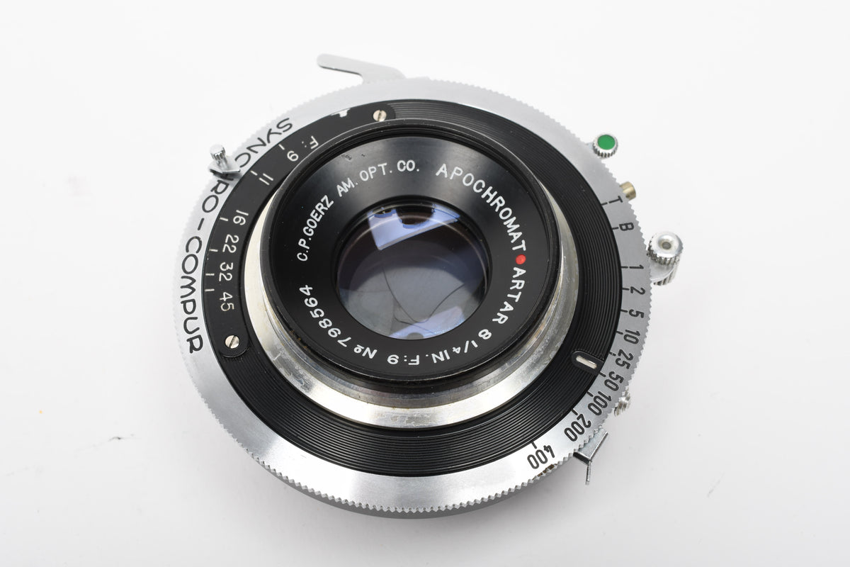 Goerz Apochromat Artar 8 1/4" f9 Red Dot large format lens w/Compur Shutter, Great!