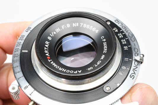 Goerz Apochromat Artar 8 1/4" f9 Red Dot large format lens w/Compur Shutter, Great!