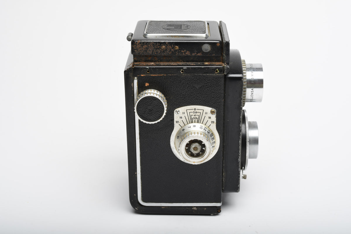 Dejur TLR 120 camera w/85mm f3.5 lens, case+strap, works! tested