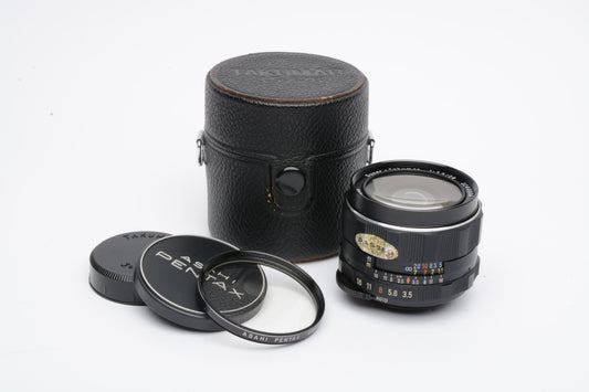 Super Takumar 28mm f3.5 M42 mount lens, caps, case, hood, UV, clean and sharp