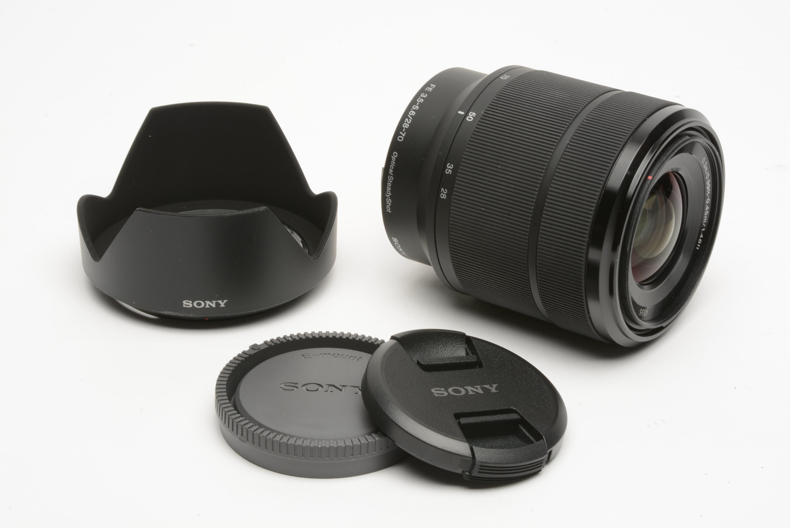 Sony FE 28-70mm f3.5-5.6 OSS zoom lens SEL2870, caps, hood, very