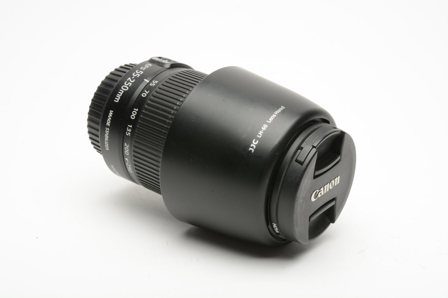 Canon EF-S 55-250mm f4-5.6 IS Zoom lens, caps, hood, UV, Nice